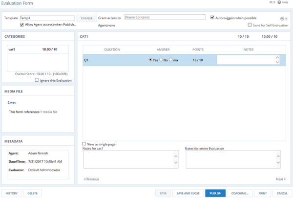 Evaluation Form window